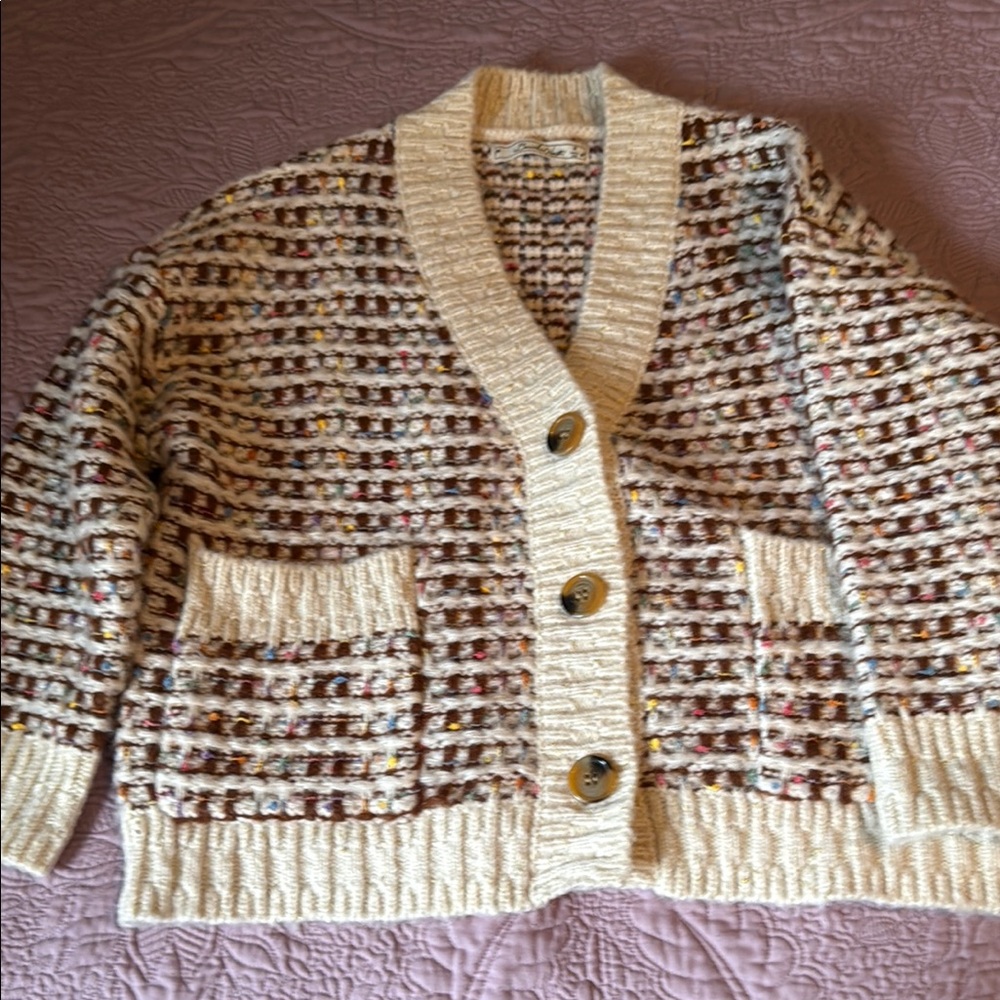 Anthropologie Cream and Brown Chunky Knit Cardigan